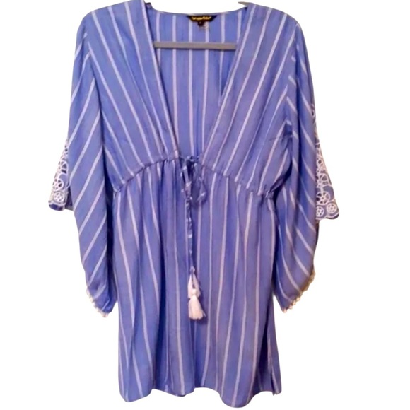 Spiaggia Dolce Striped Chambray Cover-Up XS Boho Tassel Tunic w Crochet Sleeves - Picture 1 of 5